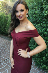 Burgundy Prom Dresses Mermaid Off-The-Shoulder with Split